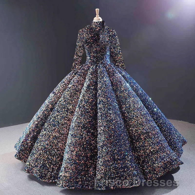 Glitter High Neck Open Back Lace Up Ball Gown Formal Prom Dress