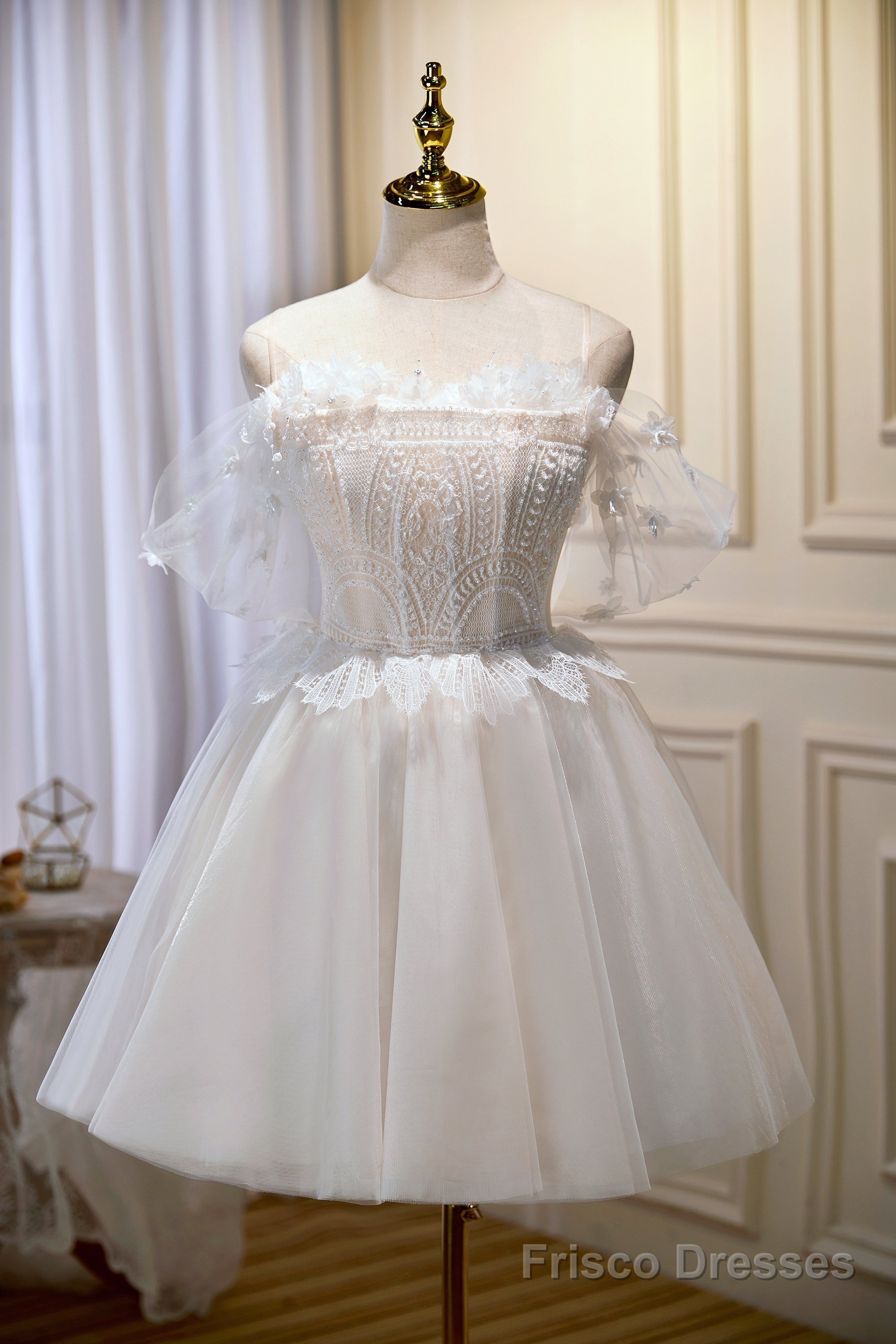 Chic Ivory Spaghetti Straps Off The Shoulder Tulle Homecoming Dresses Main image