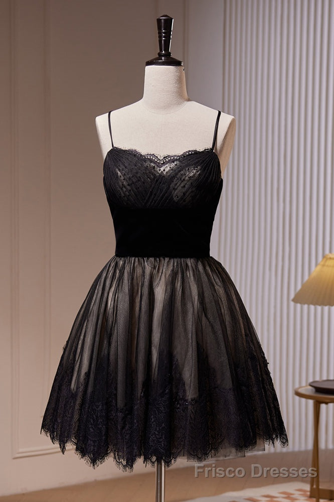 Black Spaghetti Straps Lace Tulle Short Homecoming Dresses