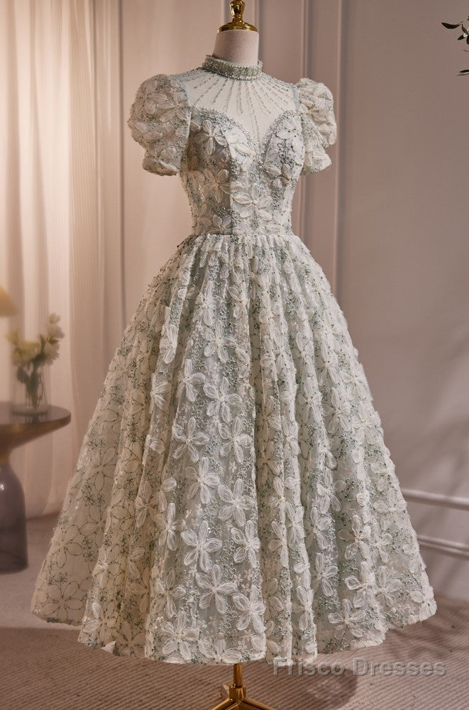 Gorgeous Short Sleeves Prom Dress with Beads and Floral Appliques Main image