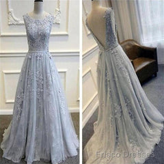 Lace Grey V Back Scoop Neck Prom Dress Formal Dresses for Wedding