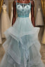 Light Green Spaghetti Straps Tulle Formal Prom Dress with Beading Crystal