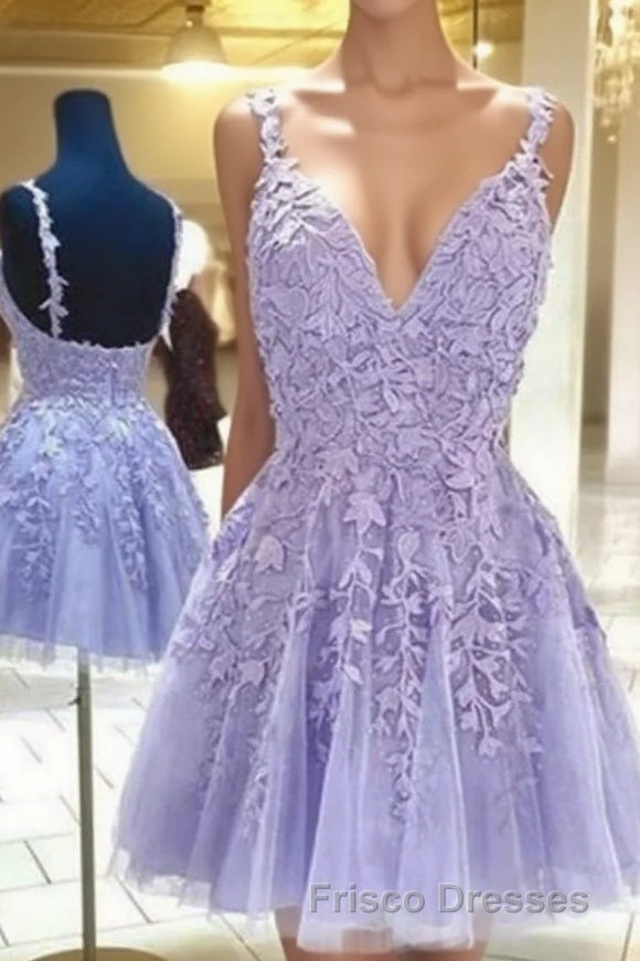 Lilac A-Line Spaghetti Straps Homecoming Dress With Appliques Main image