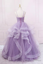 Purple Tulle Long Prom Dress, A-Line Spaghetti Strap Evening Gown