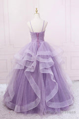 Purple Tulle Long Prom Dress, A-Line Spaghetti Strap Evening Gown