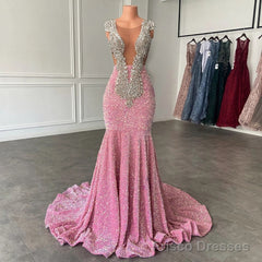 Glamorous Sparkly Sequins Prom Dresses, Deep V-Neck Sleeveles Stretch Satin Mermaid Prom Dress