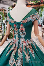 Luxury Green Round Neck Short Sleeves Formal Prom Dress with Beading