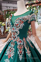 Luxury Green Round Neck Short Sleeves Formal Prom Dress with Beading