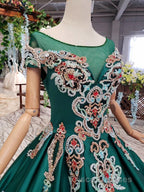 Luxury Green Round Neck Short Sleeves Formal Prom Dress with Beading