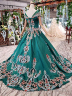 Luxury Green Round Neck Short Sleeves Formal Prom Dress with Beading