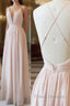 Simple V-neck Zipper Back Floor Length Pink Chiffon Long Elegant Bridesmaid Dress