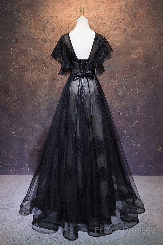 Modest Black Long A-line V-neck Black Prom Dresses Chic Party Dresses Secondary image