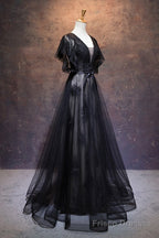 Modest Black Long A-line V-neck Black Prom Dresses Chic Party Dresses