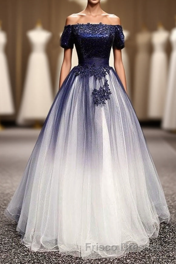 Modest Royal Blue Long Flowy Evening Formal Prom Dress With Lace Appliques
