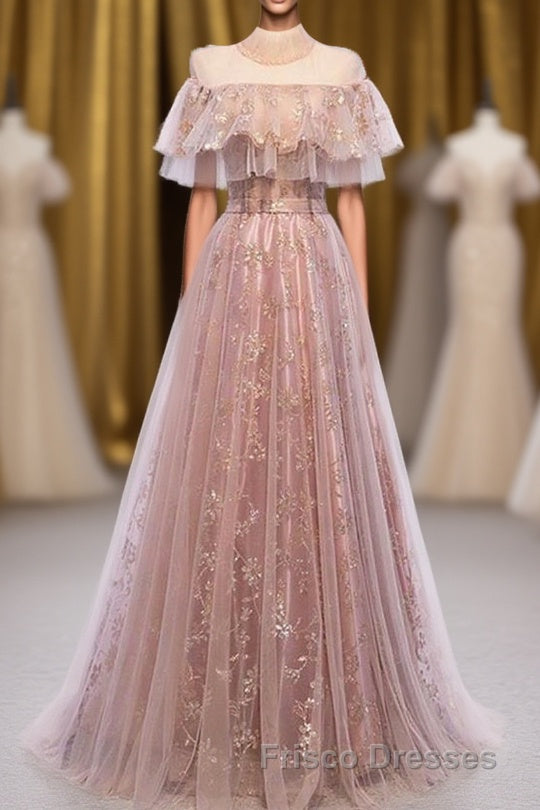 Elegant High Neck Vintage Long Lace Up Formal Prom Dress Flowy Party Gowns