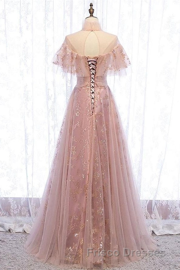 Elegant High Neck Vintage Long Lace Up Formal Prom Dress Flowy Party Gowns