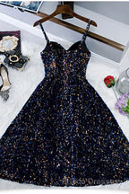 Glitter Spaghetti Straps Cute Short Formal Prom Dress Tight Tea Length Homecoming Dress