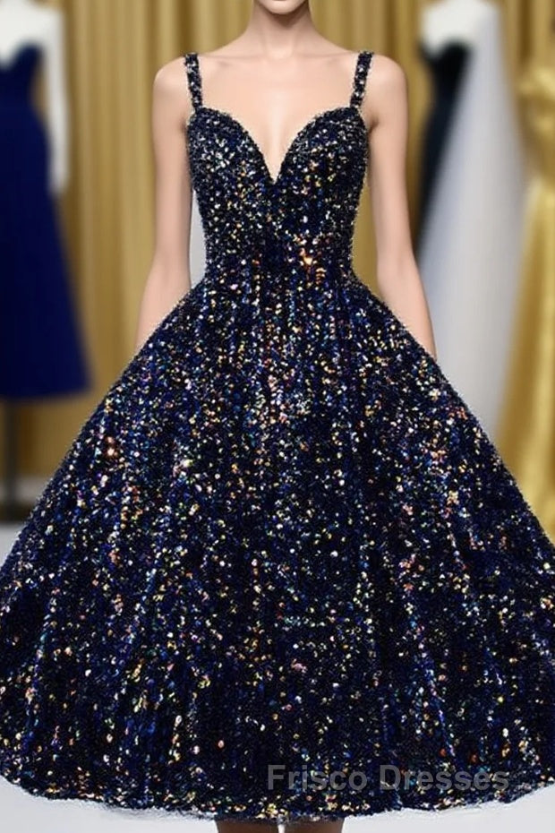 Glitter Spaghetti Straps Cute Short Formal Prom Dress Tight Tea Length Homecoming Dress Main image