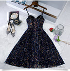 Glitter Spaghetti Straps Cute Short Formal Prom Dress Tight Tea Length Homecoming Dress