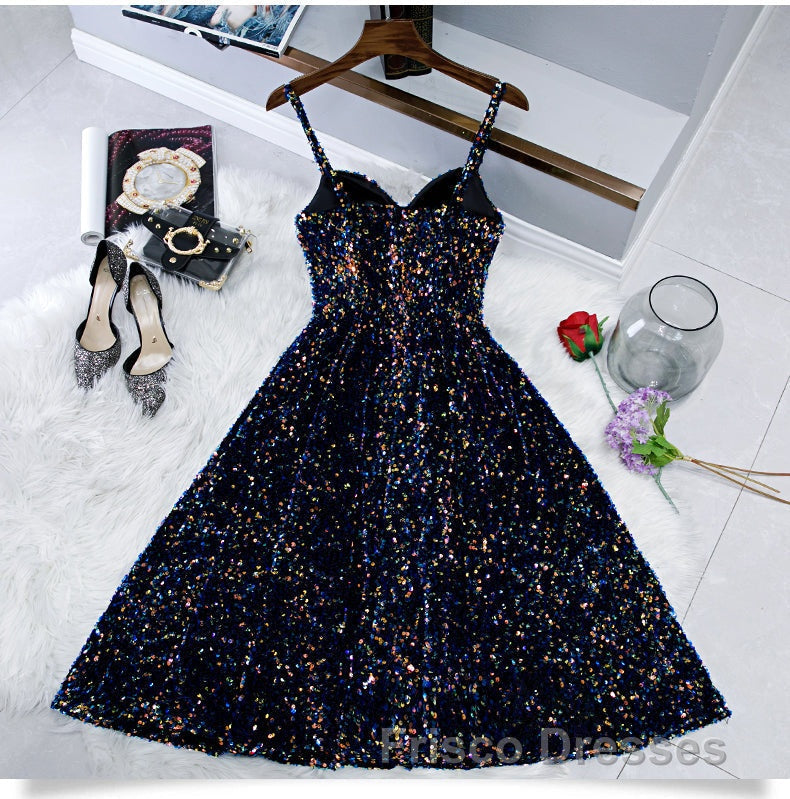 Glitter Spaghetti Straps Cute Short Formal Prom Dress Tight Tea Length Homecoming Dress