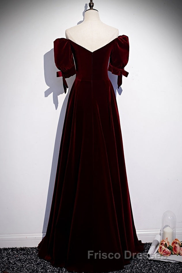 Modest Charming Burgundy Long Formal Prom Dress Vintage Evening Dress With Bowknot