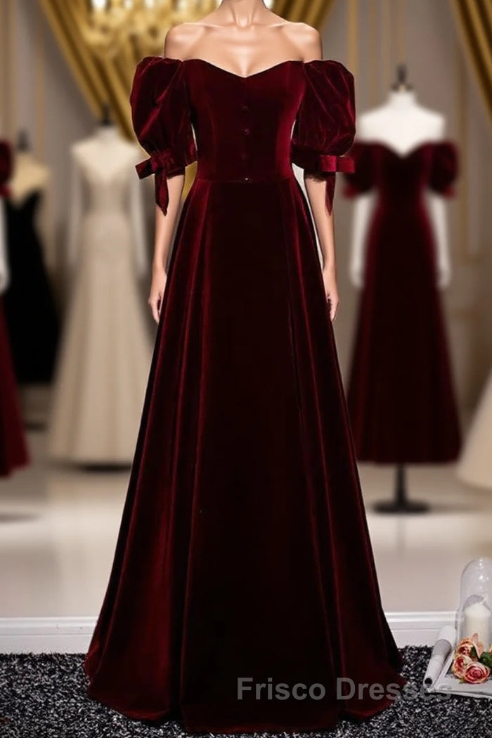 Modest Charming Burgundy Long Formal Prom Dress Vintage Evening Dress With Bowknot