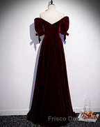 Modest Charming Burgundy Long Formal Prom Dress Vintage Evening Dress With Bowknot