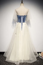 Elegant Ivory And Blue Flowy Princess Formal Prom Dress For Teens Long Homecoming Dress