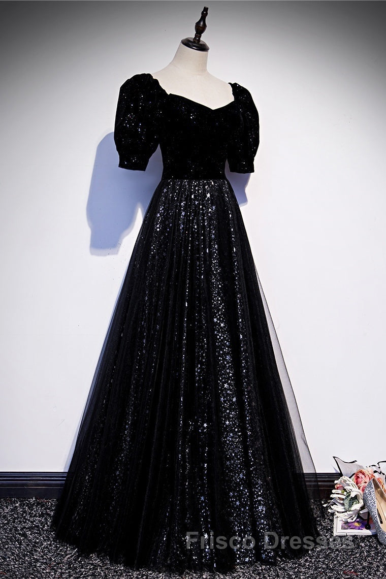 Modest Sparkly Black Long A-line Formal Prom Dress With Sleeves Evening Gowns