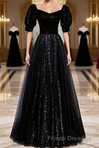 Modest Sparkly Black Long A-line Formal Prom Dress With Sleeves Evening Gowns