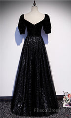 Modest Sparkly Black Long A-line Formal Prom Dress With Sleeves Evening Gowns