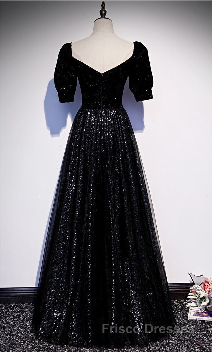 Modest Sparkly Black Long A-line Formal Prom Dress With Sleeves Evening Gowns
