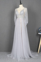 Amazing Long Gray Beading Formal Prom Dress Modest Evening Gowns