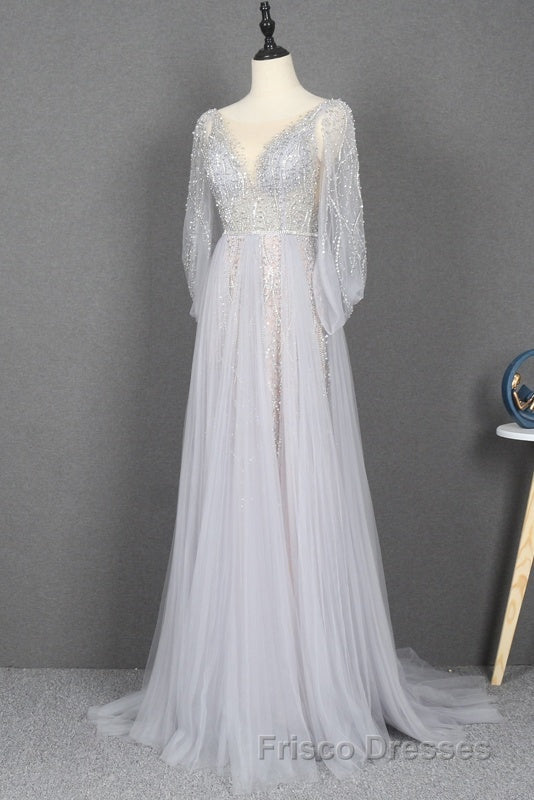 Amazing Long Gray Beading Formal Prom Dress Modest Evening Gowns