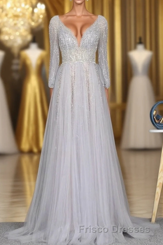 Amazing Long Gray Beading Formal Prom Dress Modest Evening Gowns