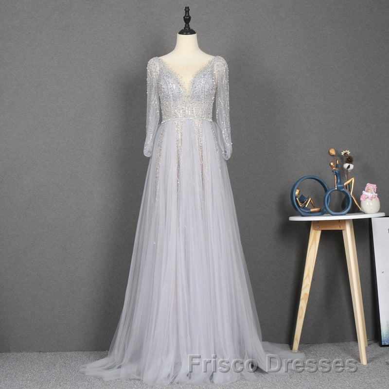 Amazing Long Gray Beading Formal Prom Dress Modest Evening Gowns