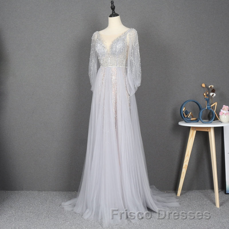 Amazing Long Gray Beading Formal Prom Dress Modest Evening Gowns