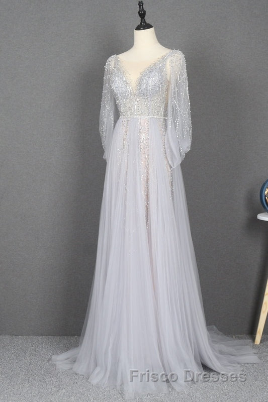 Amazing Long Gray Beading Formal Prom Dress Modest Evening Gowns