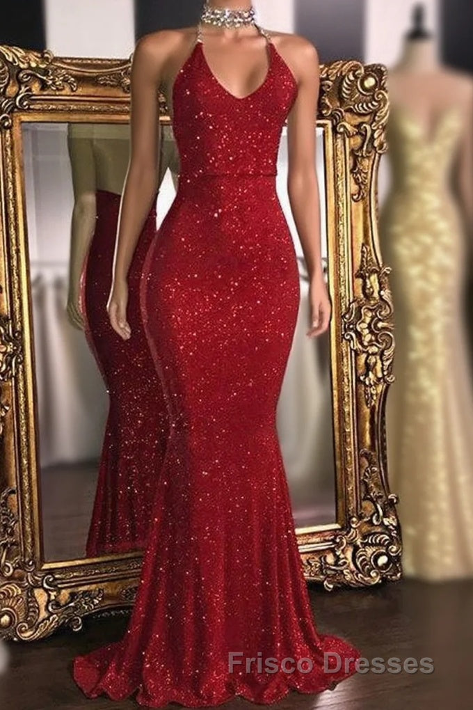 Glitter Halter Sheath Backless Long Formal Prom Dress Fashion Dress