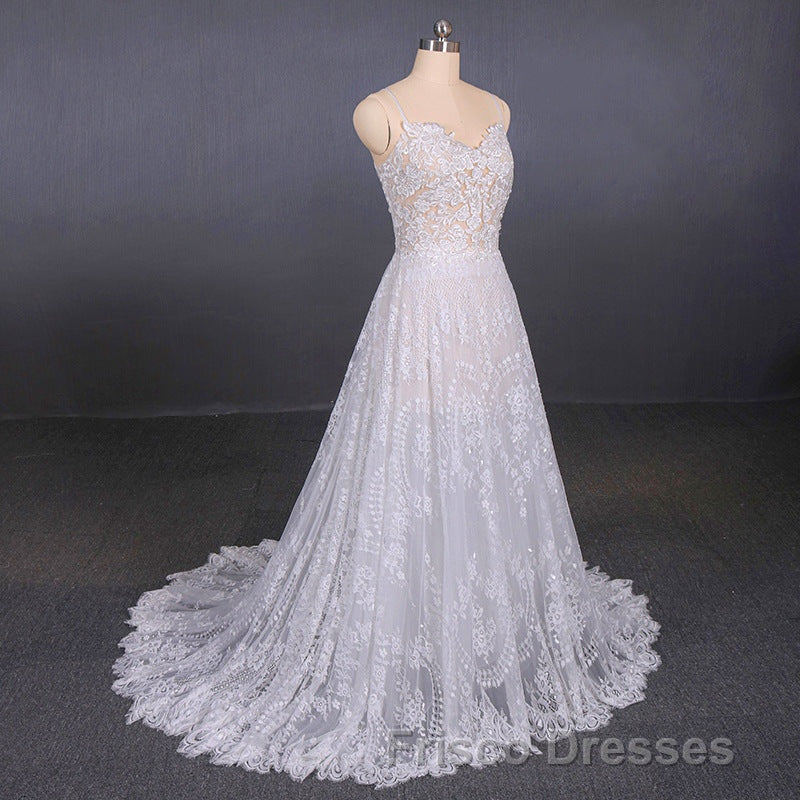 Charming Spaghetti Straps Long A-line Wedding Dress Beach Wedding Dress