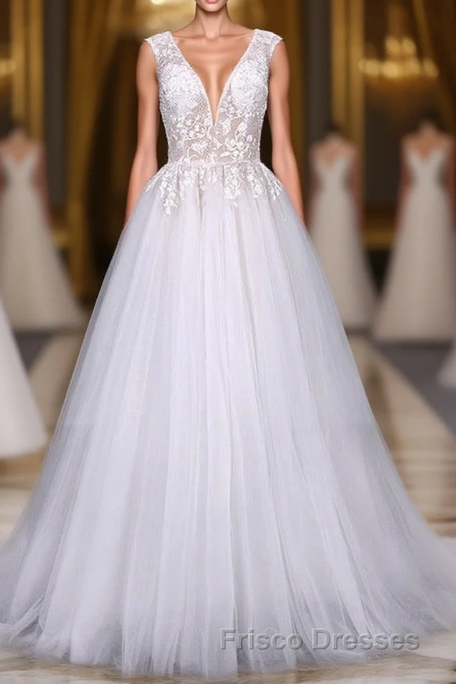 Flowy A-line Long V-neck Lace Tulle Beach Wedding Dress Bridal Gowns Main image