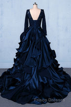 Formal Prom V-neck Beading Lace Satin Backless Ball Gown Formal Prom Dress With Sleeves