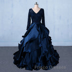 Formal Prom V-neck Beading Lace Satin Backless Ball Gown Formal Prom Dress With Sleeves