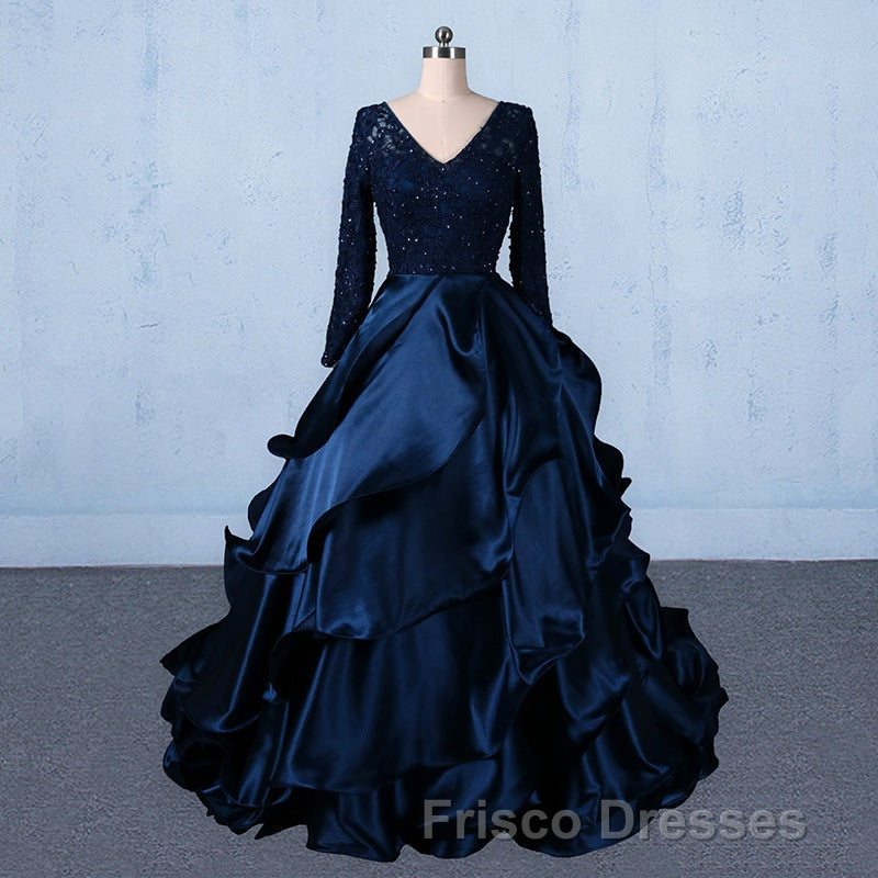 Formal Prom V-neck Beading Lace Satin Backless Ball Gown Formal Prom Dress With Sleeves