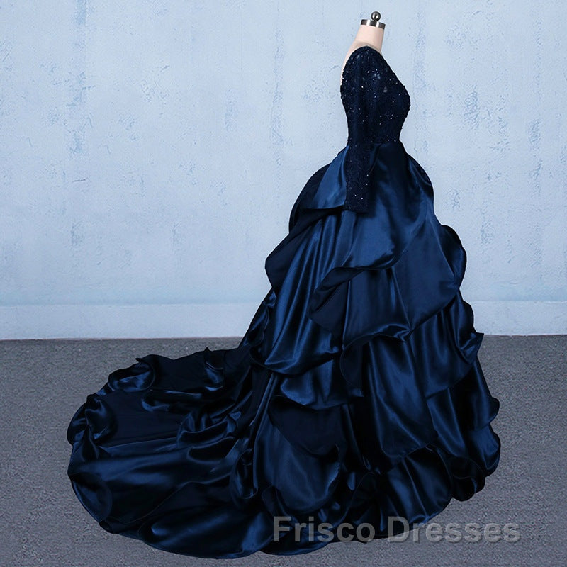 Formal Prom V-neck Beading Lace Satin Backless Ball Gown Formal Prom Dress With Sleeves