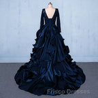 Formal Prom V-neck Beading Lace Satin Backless Ball Gown Formal Prom Dress With Sleeves