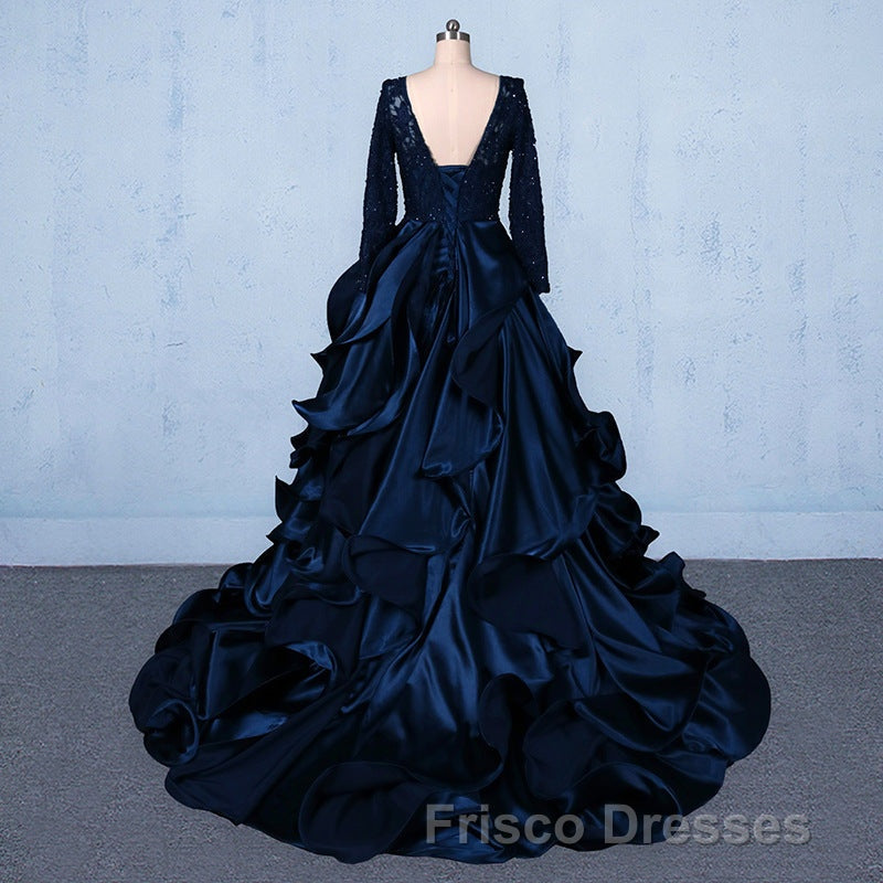 Formal Prom V-neck Beading Lace Satin Backless Ball Gown Formal Prom Dress With Sleeves