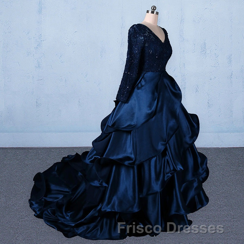 Formal Prom V-neck Beading Lace Satin Backless Ball Gown Formal Prom Dress With Sleeves