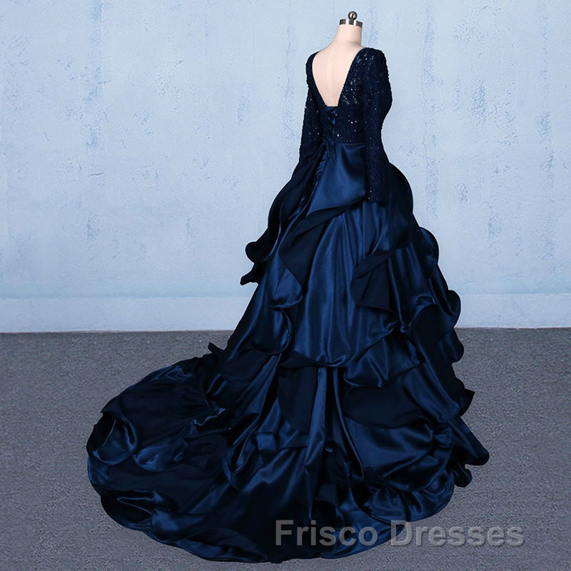 Formal Prom V-neck Beading Lace Satin Backless Ball Gown Formal Prom Dress With Sleeves