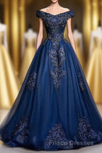 Off The Shoulder Lace Up Floor Length Princess Formal Prom Dress With Lace Appliques